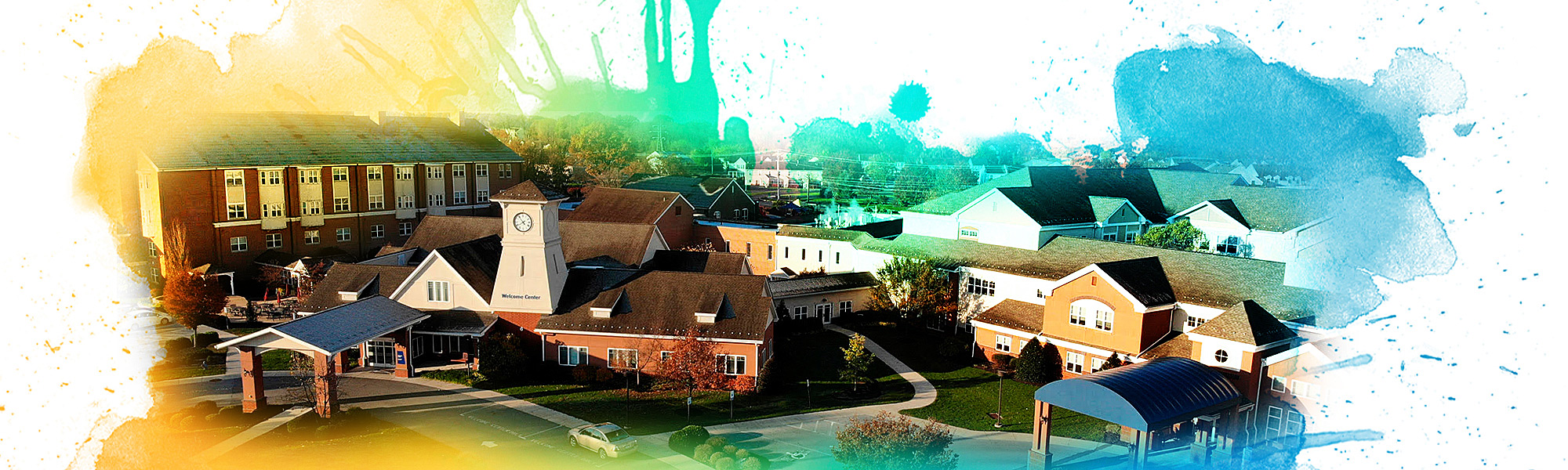 Aerial view of the Welcome Center on BV's campus