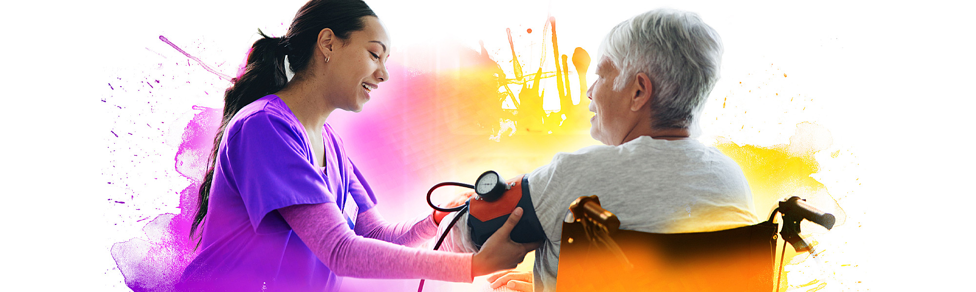 Female nurse taking the blood pressure of a wheelchair-bound client in her home