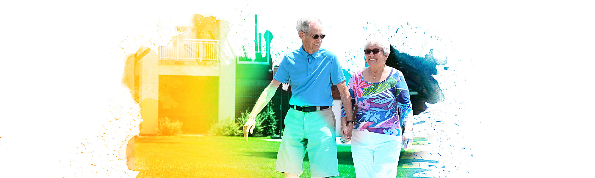 A resident couple taking a stroll on campus
