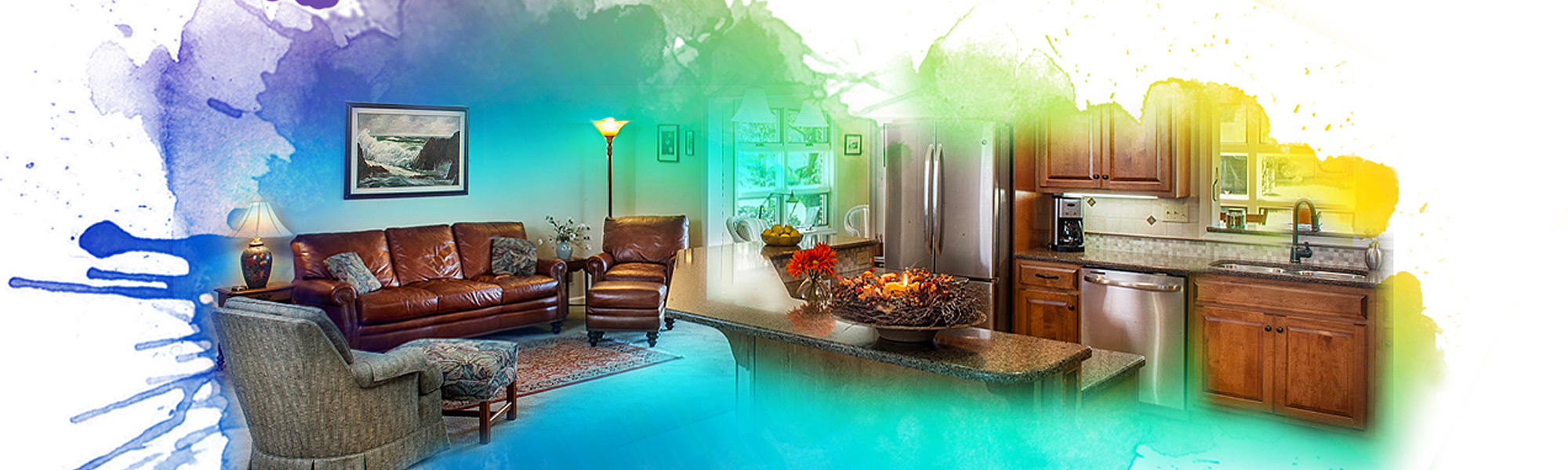 Interior of a residential kitchen and living room area