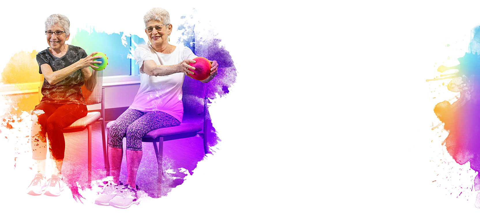 Two females residents participating in a group exercise chair class